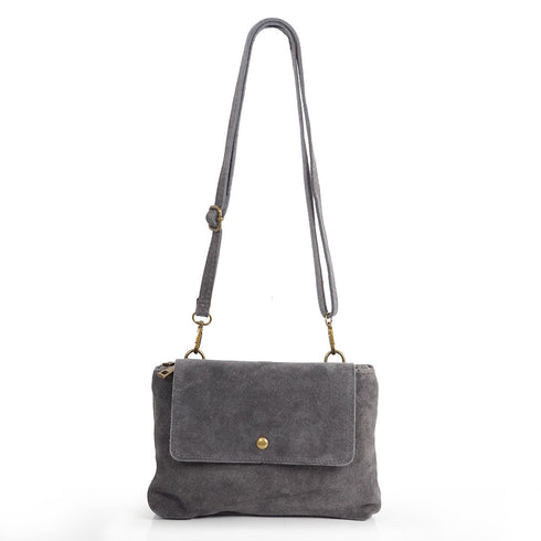 Bolso bandolera de piel de serraje con solapa Gris Cinti