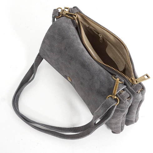 Bolso bandolera de piel de serraje con solapa Gris Cinti