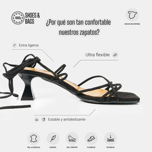 Sandalias con tacón de piel con tiras trenzadas para mujer negro Gabriella