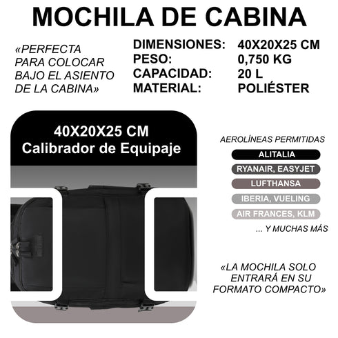 1990s Mochila de viaje cabina expandible para Ryanair 40x25x20-25cm,con bolsa de zapatillas,mochila casual