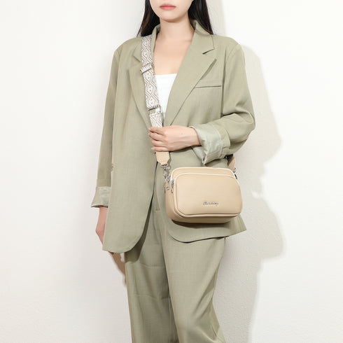 Bolso bandolera mujer pequeño de cuero PU tres compartimentos y dos bandoleras, bolso mensajero para cruzar polipiel regalo original para mujer - Taupe
