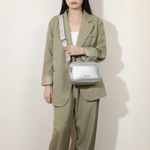 Bolso bandolera mujer pequeño de cuero PU tres compartimentos y dos bandoleras, bolso mensajero para cruzar polipiel regalo original para mujer - Plata