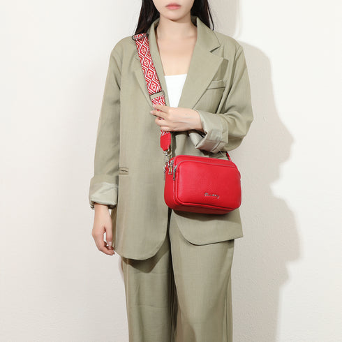 Bolso bandolera mujer pequeño de cuero PU tres compartimentos y dos bandoleras, bolso mensajero para cruzar polipiel regalo original para mujer - Rojo