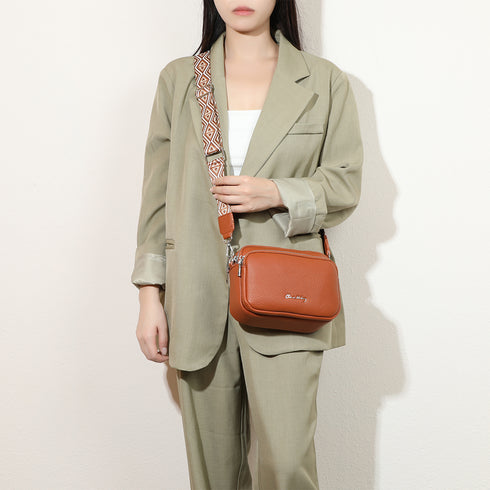 Bolso bandolera mujer pequeño de cuero PU tres compartimentos y dos bandoleras, bolso mensajero para cruzar polipiel regalo original para mujer - Marrón