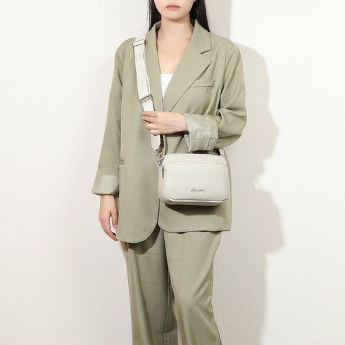 Bolso bandolera mujer pequeño de cuero PU tres compartimentos y dos bandoleras, bolso mensajero para cruzar polipiel regalo original para mujer - Beige