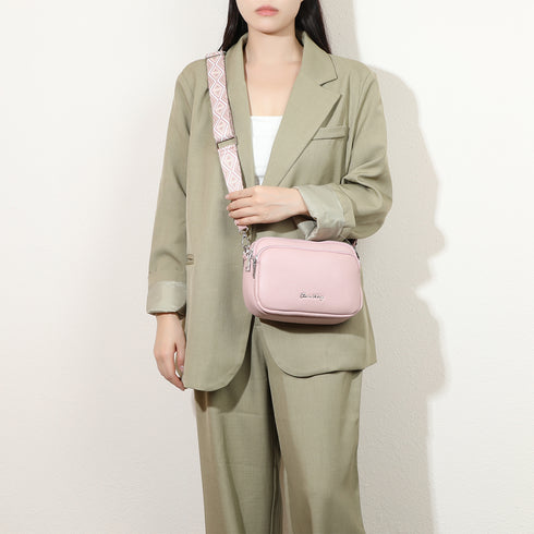 Bolso bandolera mujer pequeño de cuero PU tres compartimentos y dos bandoleras, bolso mensajero para cruzar polipiel regalo original para mujer - Rosa