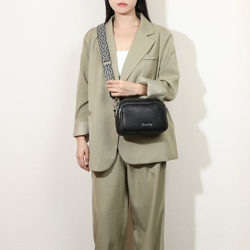 Bolso bandolera mujer pequeño de cuero PU tres compartimentos y dos bandoleras, bolso mensajero para cruzar polipiel regalo original para mujer - Negro