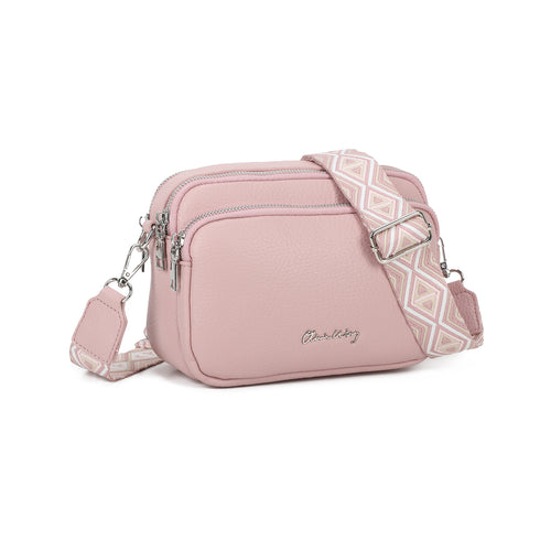 Bolso bandolera mujer pequeño de cuero PU tres compartimentos y dos bandoleras, bolso mensajero para cruzar polipiel regalo original para mujer - Rosa
