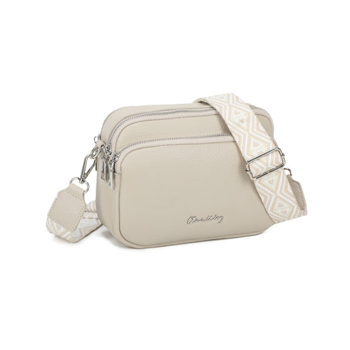Bolso bandolera mujer pequeño de cuero PU tres compartimentos y dos bandoleras, bolso mensajero para cruzar polipiel regalo original para mujer - Beige