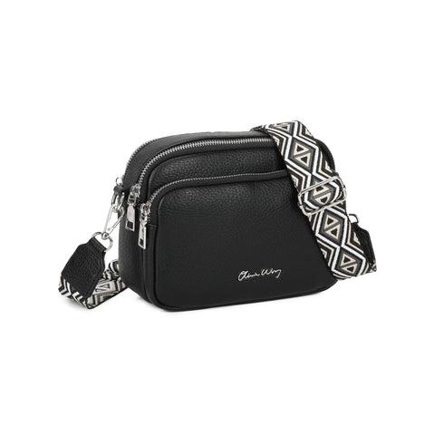 Bolso bandolera mujer pequeño de cuero PU tres compartimentos y dos bandoleras, bolso mensajero para cruzar polipiel regalo original para mujer - Negro