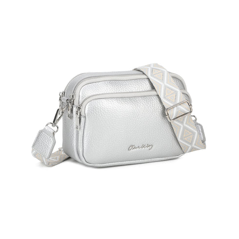 Bolso bandolera mujer pequeño de cuero PU tres compartimentos y dos bandoleras, bolso mensajero para cruzar polipiel regalo original para mujer - Plata