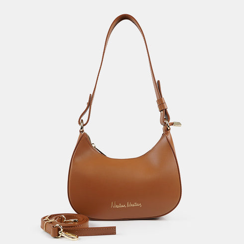 Bolso de hombro para mujer de piel saffiano con bandolera larga marrón Maribel