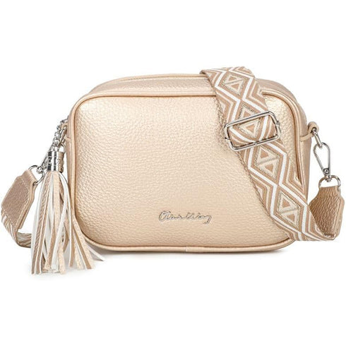 Bolso bandolera mujer pequeño de cuero PU con dos bandoleras bolso mensajero para cruzar PU - Dorado