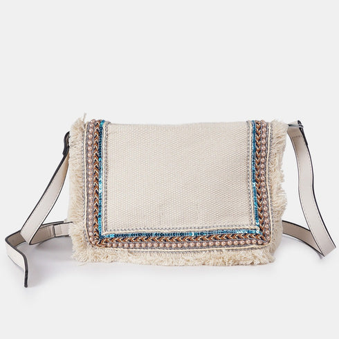 Bolso de bandolera para mujer de lona étnica beige Asya