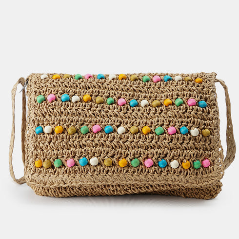 Bolso bandolera de rafia con bolitas para mujer marrón Nadia