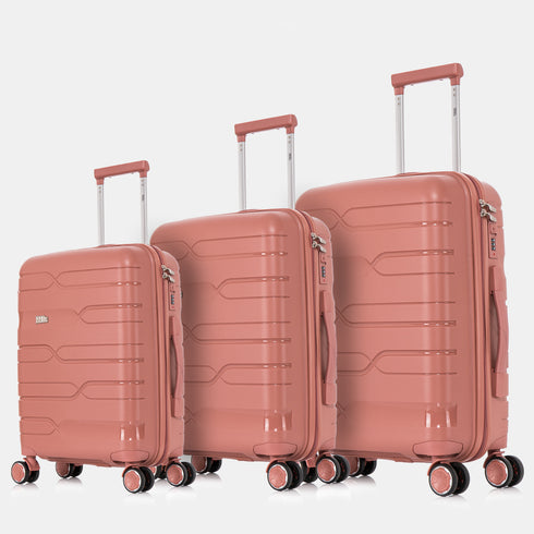 Juego de maletas PP Rígida 3 piezas|Maleta Cabina 55cm|Maleta Mediana 65cm Expandible |Maleta Grande 75cm Expandible |Bass Rosa Dorado