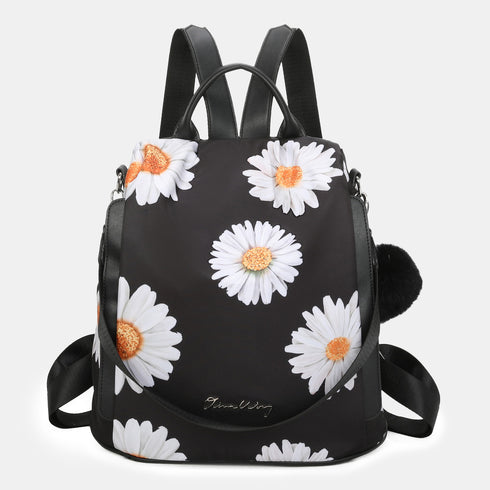 Mochila antirrobo Impermeable para mujer (14.80L) | Mochila Convertible en bolso con pompón y asa desmontable de adorno Margaritas