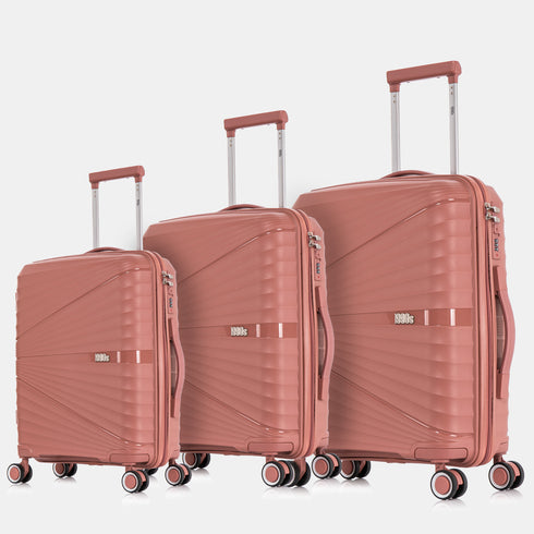 Juego de maletas PP Rígida 3 piezas|Maleta Cabina 55cm|Maleta Mediana extensible 65cm|Maleta Grande Extensible 75cm|Choco Rosa