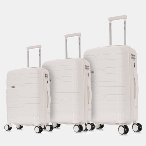 Juego de maletas PP Rígida 3 piezas|Maleta Cabina 55cm|Maleta Mediana 65cm Expandible |Maleta Grande 75cm Expandible |Bass Blanco