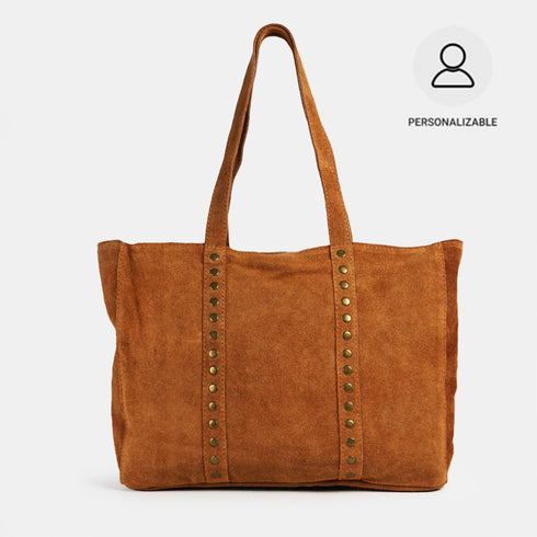 Bolso shopper para mujer de piel para personalizar con tachuelas marrón oscuro Alexandra