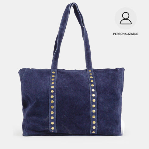 Bolso shopper para mujer de piel serraje con tachuelas azul marino Alexandra