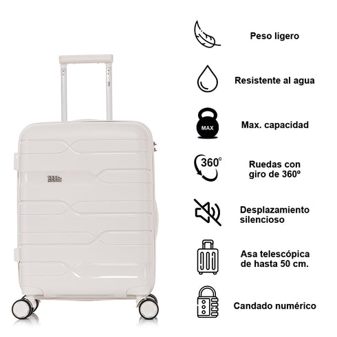 Juego de maletas PP Rígida 3 piezas|Maleta Cabina 55cm|Maleta Mediana 65cm Expandible |Maleta Grande 75cm Expandible |Bass Blanco