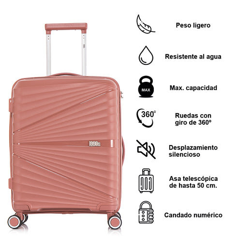 Maleta de cabina 55x39x21.5 cm (46L) Polipropileno - Candado Incrustado - 20 Pulgadas - Rosa Dorado - Chocolate
