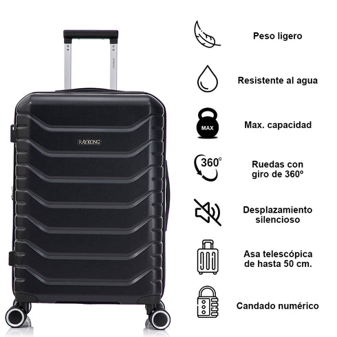 RAYKONG Maleta Mediana Expandible ABS+Policarbonato 66x45x27.50cm - 30cm Extendido | 82L - 90L | 24 Pulgadas |23kg semirígidas candado combinación - Negro