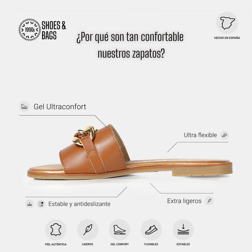 Sandalias de mujer de piel con adorno marrón cuero Charo