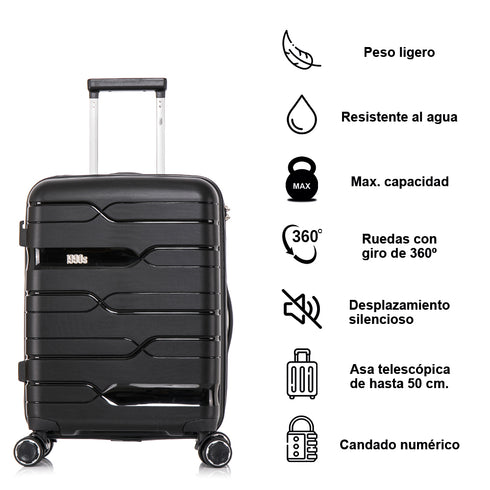 Maleta de cabina 55x38x22 cm (44L) Polipropileno - Candado Incrustado - 20 Pulgadas - Negro - Bass