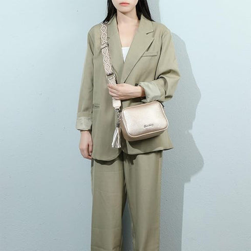 Bolso bandolera mujer pequeño de cuero PU con dos bandoleras bolso mensajero para cruzar PU - Dorado