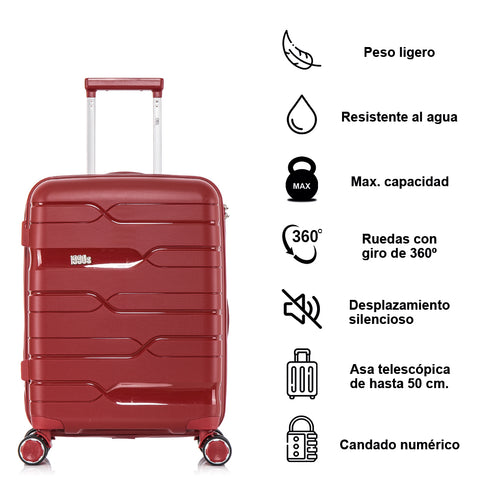 Maleta de cabina 55x38x22 cm (44L) Polipropileno - Candado Incrustado - 20 Pulgadas - Burdeos - Bass