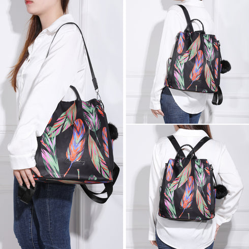 Mochila antirrobo Impermeable para mujer (14.80L) | Mochila Convertible en bolso con pompón y asa desmontable de adorno Plumas