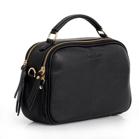 Bolso de bandolera de piel con asa de mano doble cremallera Negro Elsa