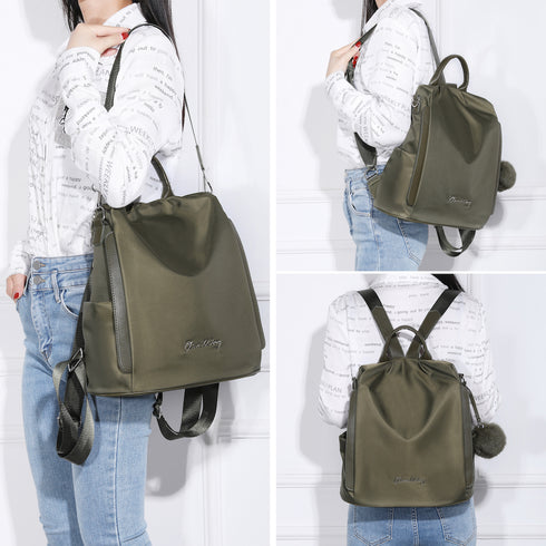 Mochila antirrobo Impermeable para mujer (14.80L) | Mochila Convertible en bolso con pompón y asa desmontable de adorno Verde