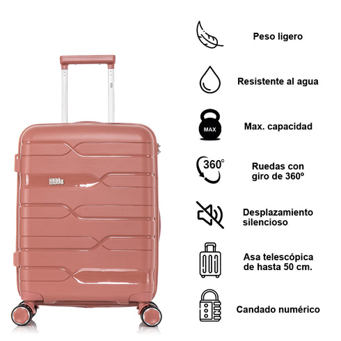 Maleta de cabina 55x38x22 cm (44L) Polipropileno - Candado Incrustado - 20 Pulgadas - Rosa dorado - Bass