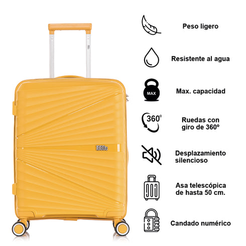 Maleta de cabina 55x39x21.5 cm (46L) Polipropileno - Candado Incrustado - 20 Pulgadas - Amarillo - Chocolate