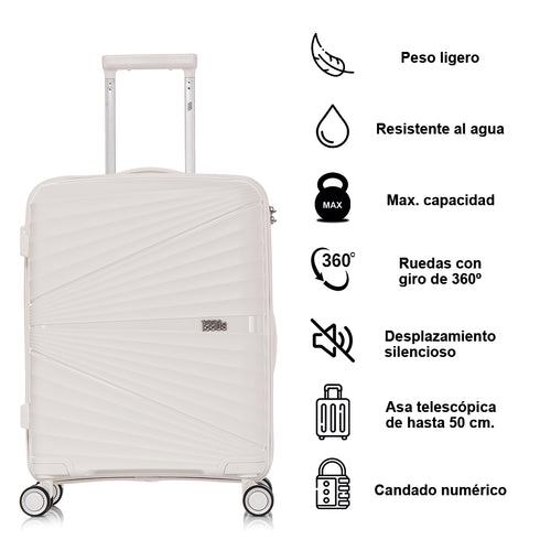 Maleta de cabina 55x39x21.5 cm (46L) Polipropileno - Candado Incrustado - 20 Pulgadas - Blanco - Chocolate