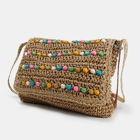 Bolso bandolera de rafia con bolitas para mujer marrón Nadia