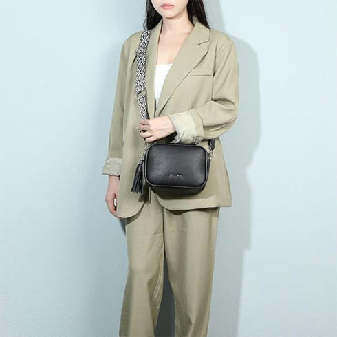 Bolso bandolera mujer pequeño de cuero PU con dos bandoleras bolso mensajero para cruzar PU - Negro