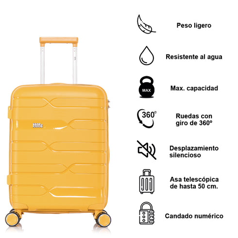 Maleta de cabina 55x38x22 cm (44L) Polipropileno - Candado Incrustado - 20 Pulgadas - Amarillo - Bass