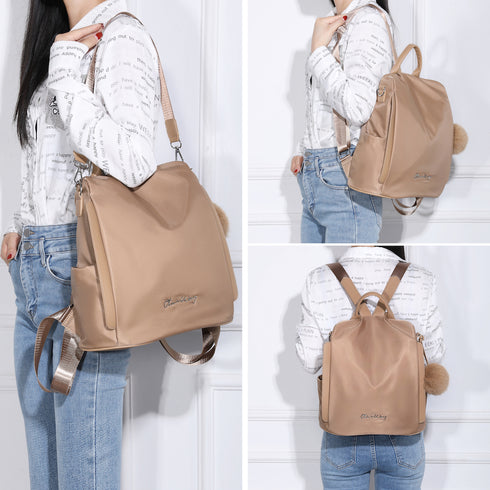 Mochila antirrobo Impermeable para mujer (14.80L) | Mochila Convertible en bolso con pompón y asa desmontable de adorno Khaki