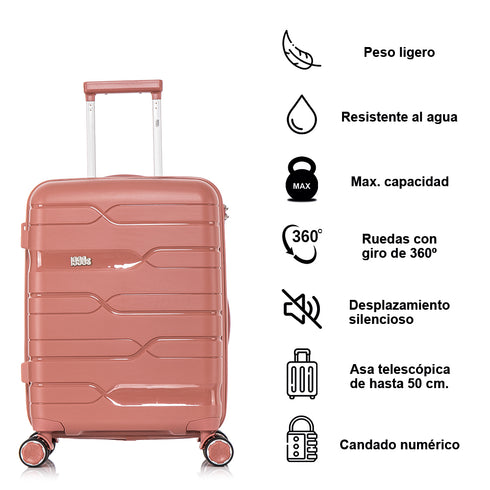 Juego de maletas PP Rígida 3 piezas|Maleta Cabina 55cm|Maleta Mediana 65cm Expandible |Maleta Grande 75cm Expandible |Bass Rosa Dorado
