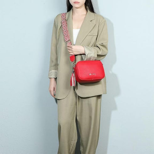 Bolso bandolera mujer pequeño de cuero PU con dos bandoleras bolso mensajero para cruzar PU - Rojo