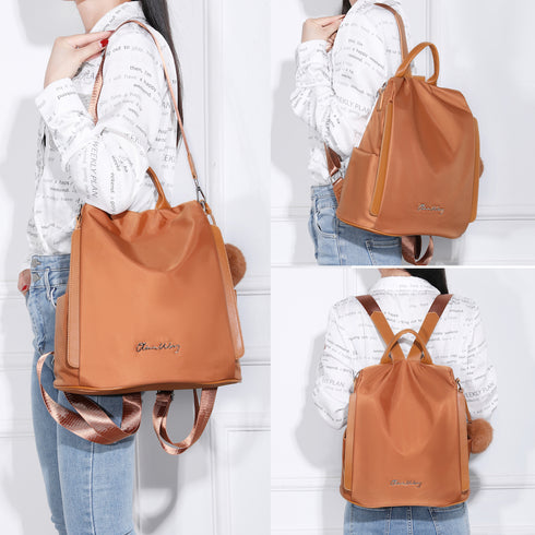 Mochila antirrobo Impermeable para mujer (14.80L) | Mochila Convertible en bolso con pompón y asa desmontable de adorno Marrón