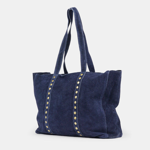 Bolso shopper para mujer de piel serraje con tachuelas azul marino Alexandra