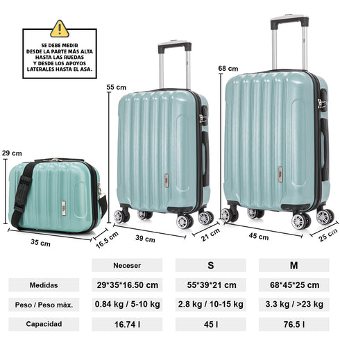 1990s Juego de Maletas Policarbonato Rígida 3 Piezas|Maleta Cabina 55cm|Maleta Mediana 68cm|Neceser 29cm|Menta