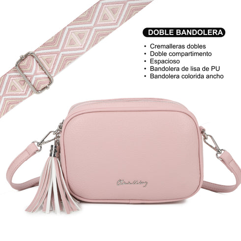 Bolso bandolera mujer pequeño de cuero PU dos compartimentos y dos bandoleras, bolso mensajero para cruzar polipiel regalo original para mujer - Rosa