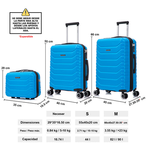 Conjunto de 3 Maletas|Neceser 29x35x16.50cm|Maleta Cabina ABS+PC 55x40x20cm|Mediana Expandible 20kg-23kg - 66x45x27.50-30cm | Turquesa