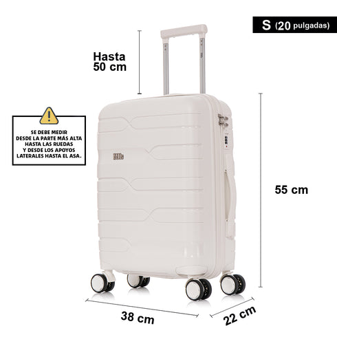 Maleta de cabina 55x38x22 cm (44L) Polipropileno - Candado Incrustado - 20 Pulgadas - Blanco - Bass